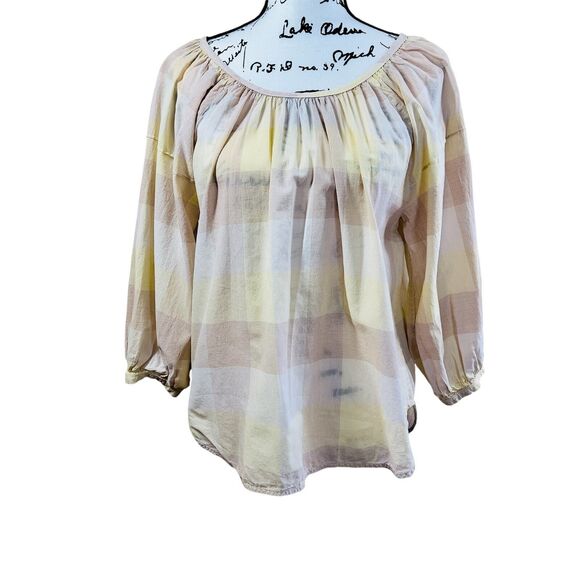 Everlane Blouse Womens Beige Tan Plaid Peasant Relax Balloon Sleeve Top size 00 - Picture 1 of 16
